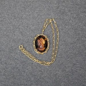 costume jewelry gold tone glass carved cameo necklace